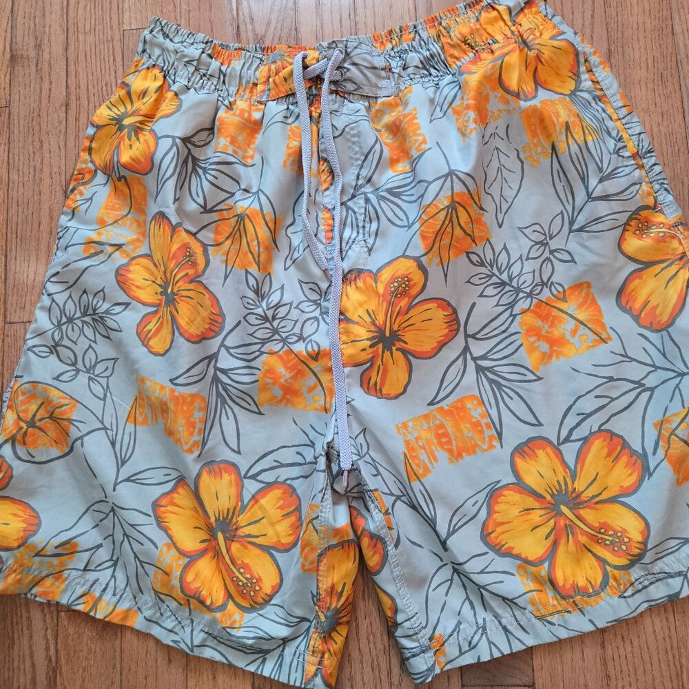 Men's Floral Swim Trunks - Orange Floral on Light Gray